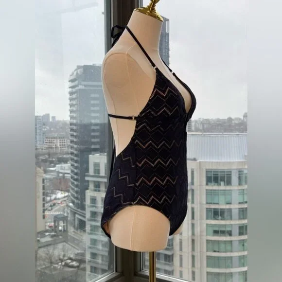 🆕 ZIMMERMANN 🧿NWOT Pointelle-Knit Halterneck Swimsuit, Plum-Navy, Sz 3 US 8/10 - Picture 4 of 14